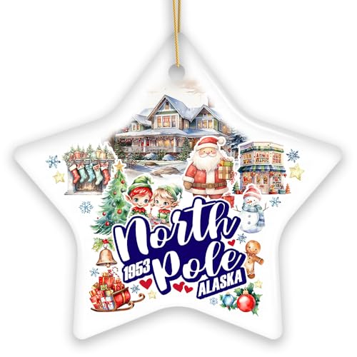 City of North Pole Alaska Artistic Christmas Ornament, Decorated Ceramic Souvenir with Santa and Elf Themes (Star)