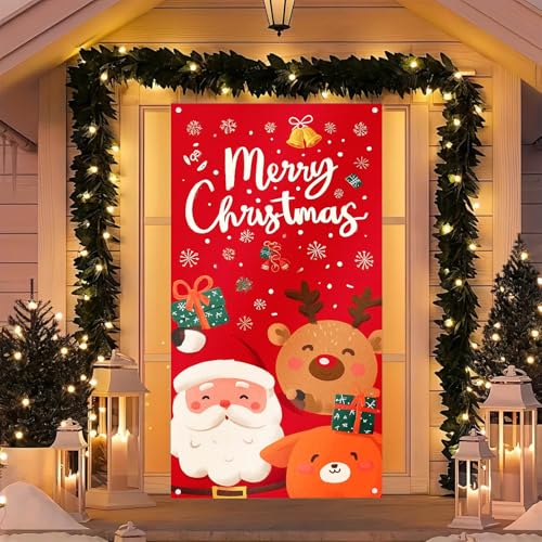 Image of BlissYard Christmas Door Cover Santa Reindeer Dog 35x71 Inch Polyester