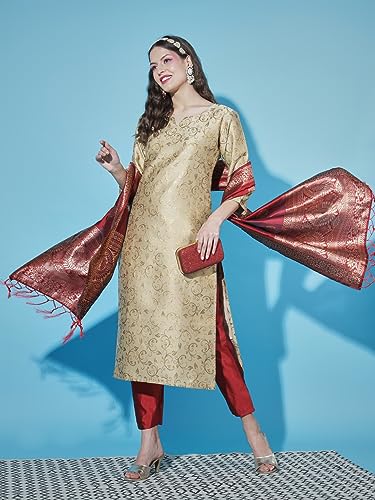Image of VredeVogel Women's Cotton Silk Jacquard Kurta Pant Set with Banarasi Woven Self Designed Dupatta