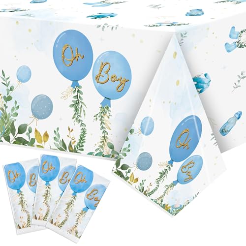 Baby Shower Party Tablecloths - 3Pcs Watercolor Blue Birthday Party Table Cover Decorations, Oh Boy Themed Rectangular Plastic Disposable Table Cloth for Baby Boys Birthday Gender Reveal Supplies