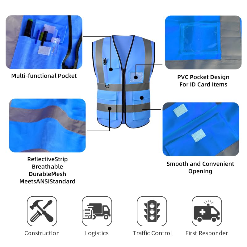 Image of High Visibility Safety Vest with Reflective Strips & Pockets