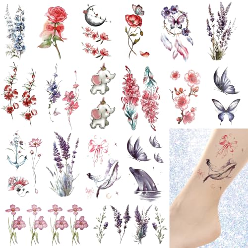 Jeffdad 18 Sheets Watercolor Floral Temporary Tattoos, Realistic Long Lasting Fake Tattoo Stickers, Waterproof, Adult Body Art