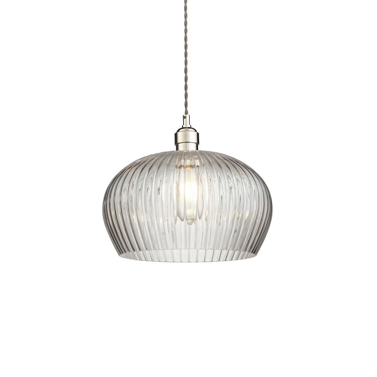 Merano Livorno Dome Pendant Ceiling Light in Bright Nickel Plate with Clear Ribbed Glass - 10W Dimmable E27 Indoor Hanging Lighting - 31 cm Diameter