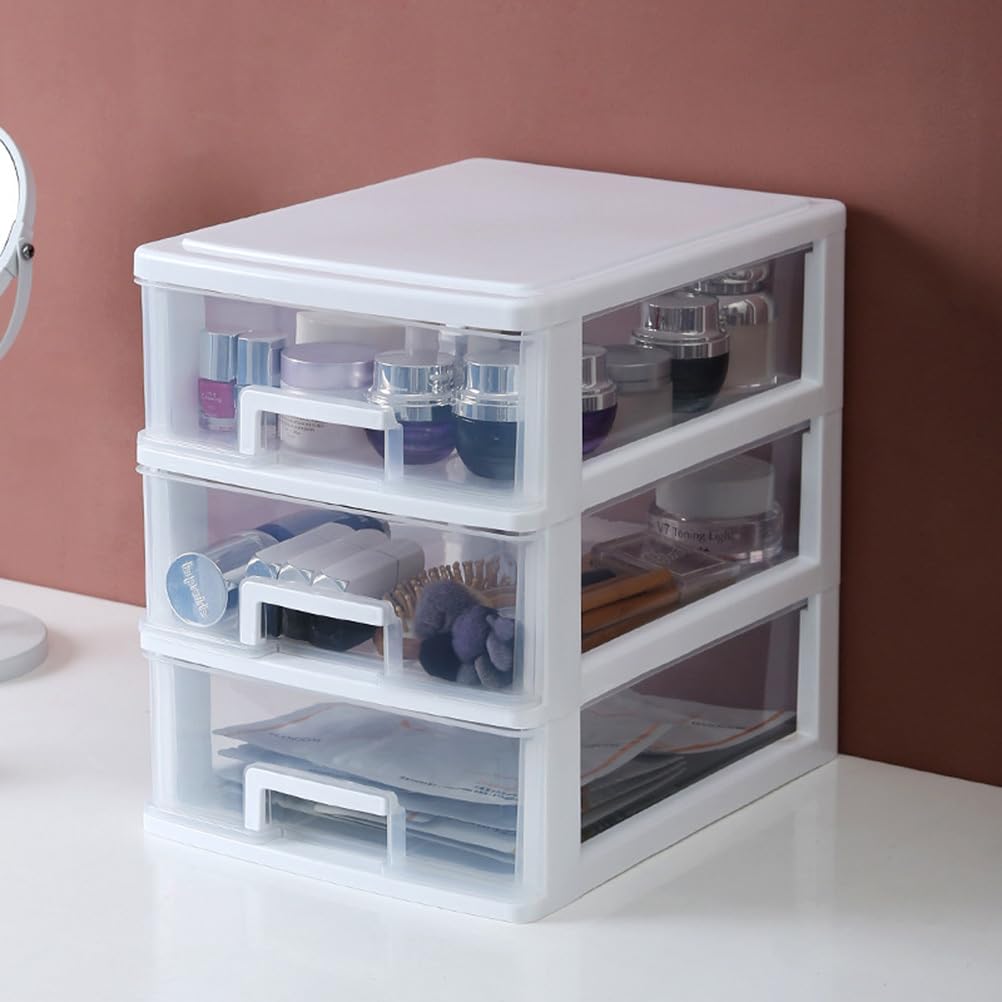 STOBAZA Three-layer Plastic Drawer Storage Cabinet Portable Multifunctional Organizer for Desktop Sundries Holder Transparent White Cosmetics and Office Supplies