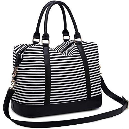CAMTOP Women Ladies Weekender Travel Bag Canvas Overnight Carry-on Duffel Tote Luggage (Stripe -Black)