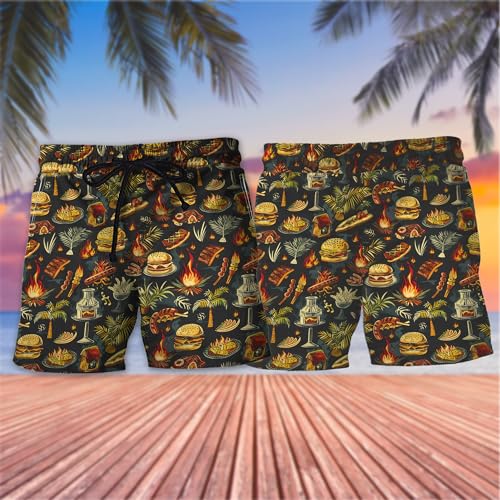 V-DECORPARKS Grill Party Men's Swim Trunks - BBQ Grill Hawaiian Shorts for Men, Men's Summer Bathing Shorts Set 232