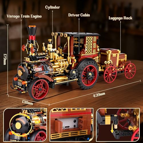 Image of OWNONE 1 Vintage Car Steam Engine Building Blocks Set with Lights, Western Retro Steam Tractor Locomotive Model Building Kit for Vintage & West Lovers, Creative Home Office Decor Gift for Adults Teens