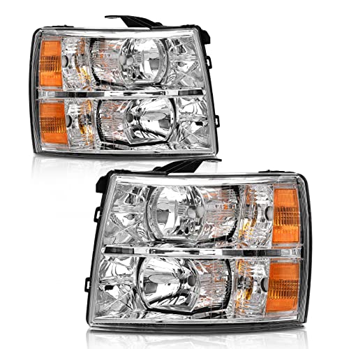 2007-2014 Chevy Silverado Headlights Assembly for 2007-2013 Chevy Silverado 1500 / 2007-2014 Silverado 2500HD 3500HD Chrome Housing Amber Reflector Replacement Driver and Passenger Side by AXLAHA