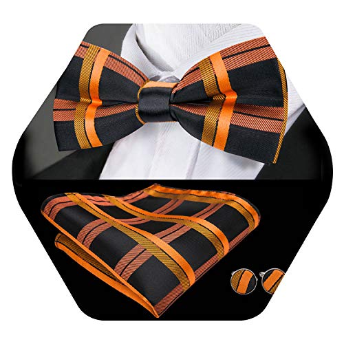 Barry.Wang Mens Orange Black Bow Tie Pocket Square Set Pretied Bow Tie Hankerchief