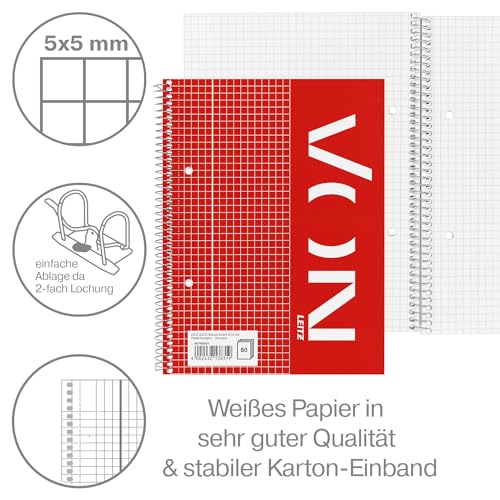 Leitz VON Collegeblock A5 kariert, 5er Pack, Notizblock mit 160 Seiten, 80 Blatt, Ideal für Büro, Studium und Schule, mit Rand links, 45760001