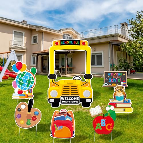 MISS FANTASY Back to School Decorations - Welcome Back to School Yard Signs with Stakes Happy First Day of School Yard Signs Decorations First Day of School Bus Decorations Outdoor Yard Lawn Sign