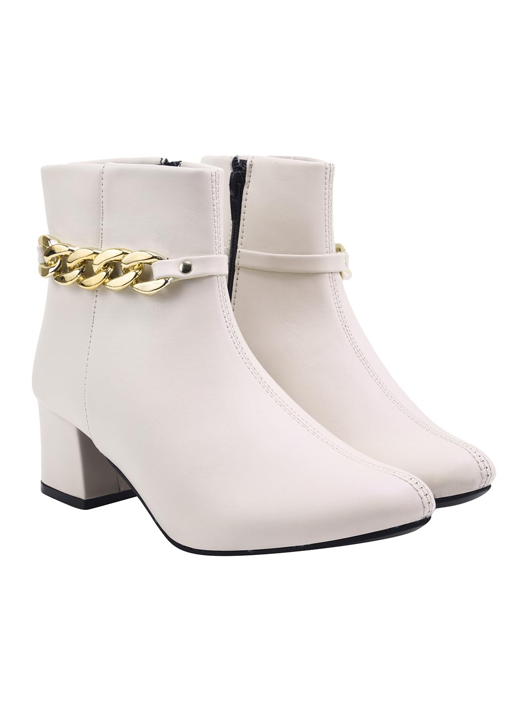 Shoetopia Women’s Synthetic Leather Ankle Boots – Stylish Block Heel Zip Closure Boots with Golden Buckle Detail for Casual & Party Footwear