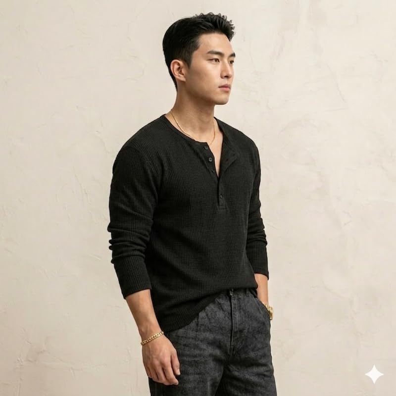 Image of Imsa Moda Men's Textured Fabric Solid Half-Open Collar T-Shirt | Full Sleeve Casual Shirt for Men | Comfortable Fall Wear