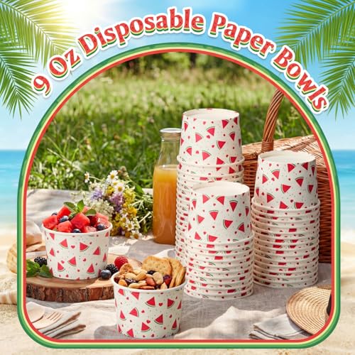 Image of Funnymoom 50 Pack Watermelon Ice Cream Cups 9 oz Watermelon Disposable Dessert Bowls Melon Paper Soup Bowls Snack Cups for Hot or Cold Food for One In A Melon Summer Fruit Baby Shower Birthday Party