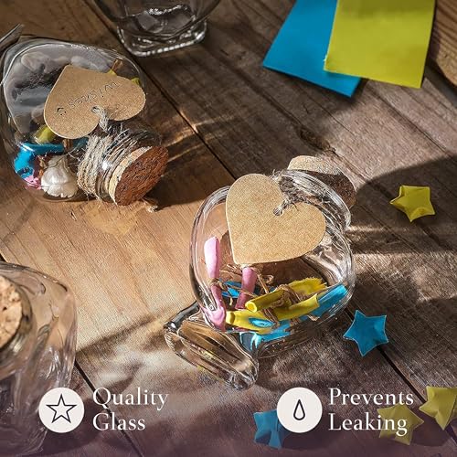 WHOLE HOUSEWARES Heart Shaped Decorative Glass Bottles with Cork Stoppers - 12-Pcs, 5 oz Wish Bottles for Wedding Favors, Keepsakes, Spices, Bath Salts - Includes Personalized Heart Labels and String