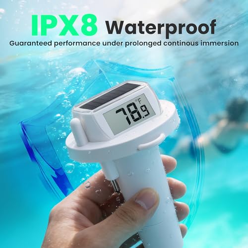 Image of Pool Thermometer Floating, Digital Swimming Pool Thermometer, IPX8 Waterproof with Double Sided Display for Pond, Hot Tub, Aquarium (Solar Powered, White)