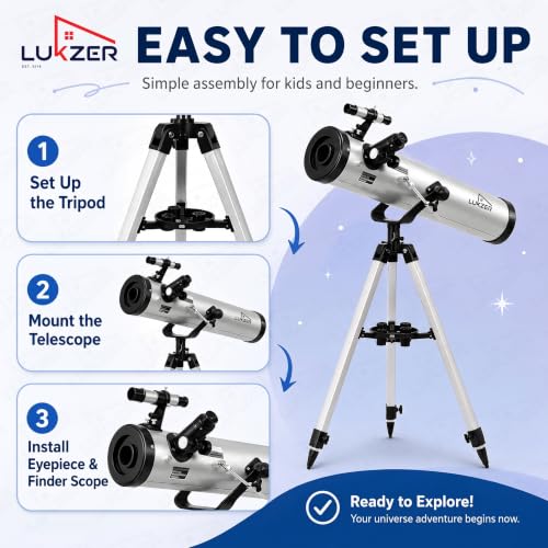 Image of Lukzer Reflector Telescope for Kids & Beginners, Astronomical Telescope for Moon Viewing, Stargazing, Nature Observation & STEM Learning, Manual Focus Portable Telescope (Silver /F70076)