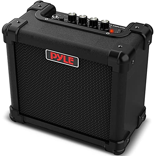 Pyle Portable Electric Guitar Amp - Battery or Wall Power Mini 10 Watt Mini Practice Instrument Amplifier w/ 5' High Definition Speaker, Headphone Out, Volume, Bass, Treble, Distortion, Gain Controls