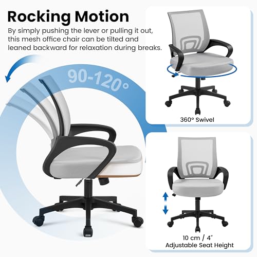Image of Yaheetech Mid Back Mesh Computer Office Desk Chair Adjustable Swivel, Grey | Breathable mesh back and foam padded seat for comfortable work at home or office; steel frame holds 300 lb, easy assembly.
