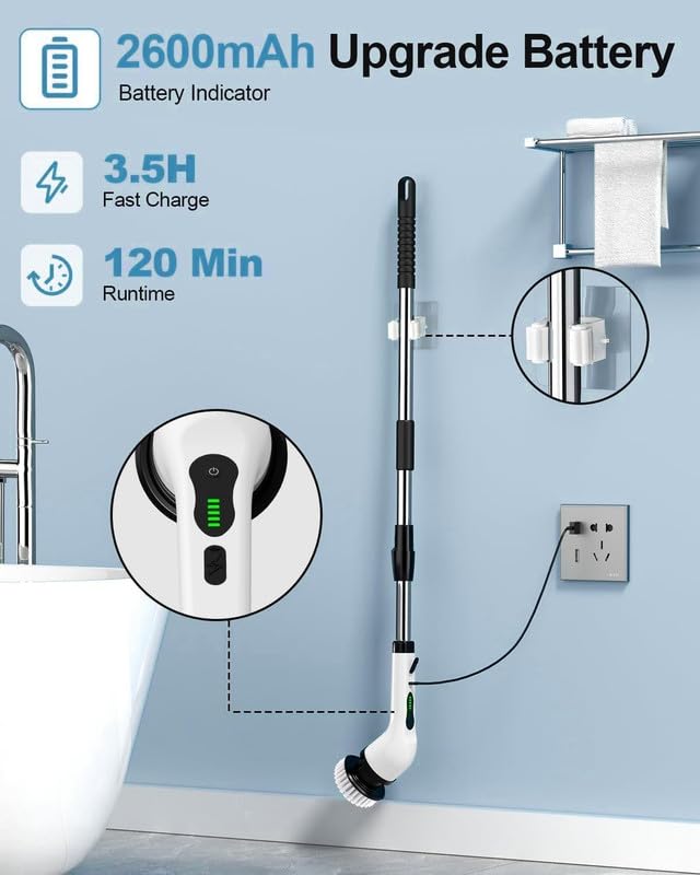 Image of 9 in 1 Electric Spin Scrubber,Cleaning Brush for Home,300RPM /Mins 8 Heads 90Mins Work Time,3 Adjustable Size,2 Speeds for Bathroom Shower Bathtub Car