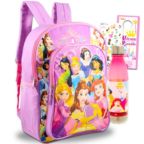 Disney Princess Backpack for Girls Set - Bundle with Deluxe 16' Princess School Bag, Water Bottle, and More Princess School Supplies for Kids