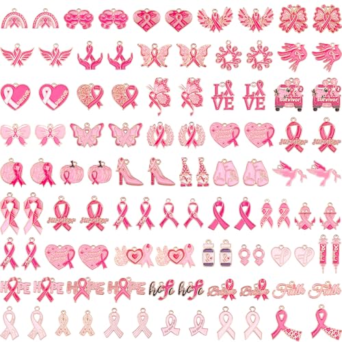 SANNIX 110Pcs Breast Cancer Charms Pink Ribbon Charm for Jewelry Making Breast Cancer Awareness Enamel Charm Pendants for Bracelets Necklaces Earrings Craft Making Accessories