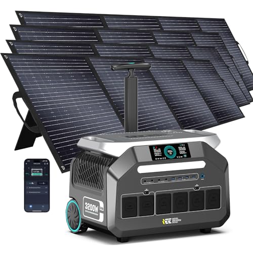 IEE P3200 3200W Solar Generator with 4x200W Panels included, 2048Wh Power Station with 4*3200W AC Outlets (6400W Peak), 1800W Fast Charging, APP Control Emergency Power Station for Home, Camping & RVs