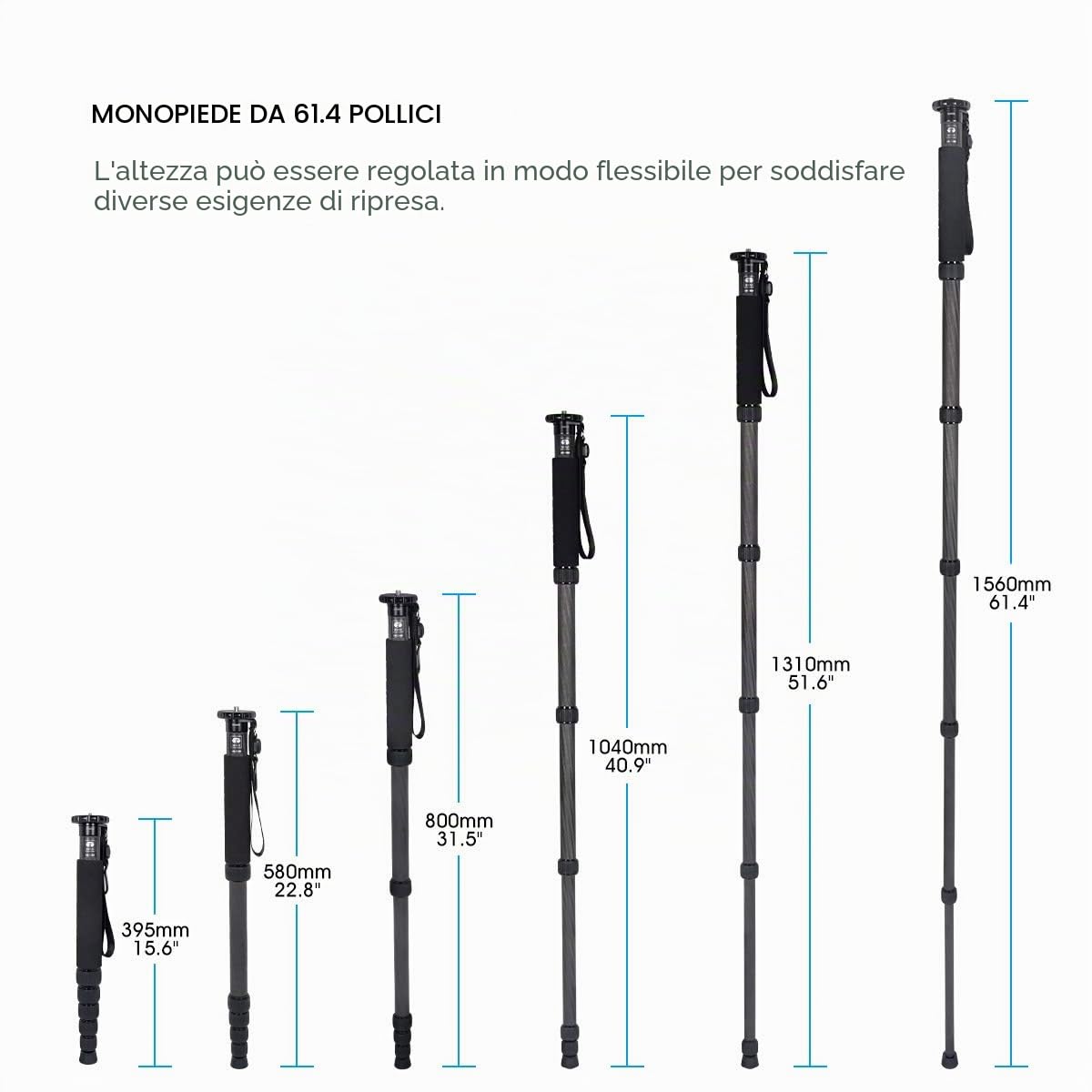SIRUI AM-326M 156cm Monopiede Fotografico Professionale a 6-Sezioni, Portatile Monopod in Carbonio per Fotocamera Reflex, Monopiede da Viaggio Leggero, Carico Massimo 10KG