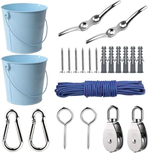 FUQUN Treehouse Accessories for Kids, Pulley with Bucket Cable, Kids Playhouse Accessories, Pulleys for Kids, Pirate Ship Accessories Outdoor, Playhouse Game, Bucket for Treehouse (2Sets, Blue)