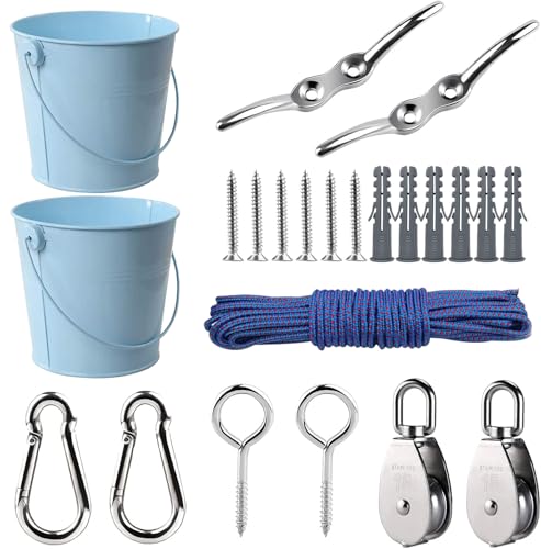 FUQUN Treehouse Accessories for Kids,Pulley with Bucket Cable, Kids Playhouse Accessories, Pulleys for Kids, Pirate Ship Accessories Outdoor, Playhouse Game, Bucket for Treehouse (2Sets, Blue)