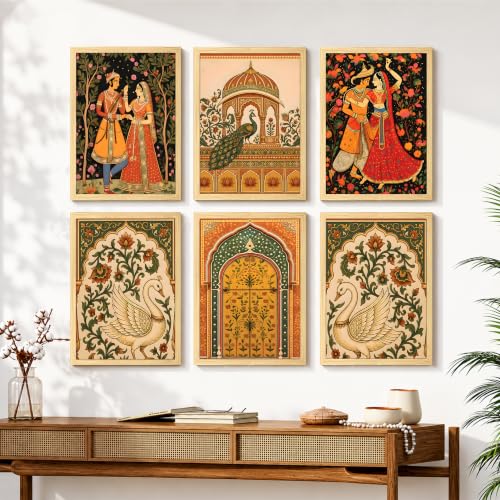 Image of PAINTINGMANTRA Madhubani Wall Paintings for living room, Rajasthani Floral Madhubani Wall Art Painting with frame for Home wall Decoration, Office, Set of 6, 9x13 Inch