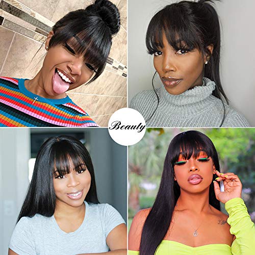 Lzlefho Silky Brazilian Virgin Straight Human Hair Wigs With Bangs 130% Density None Lace Front Wigs Glueless Machine Made Wigs For Black Women Natural Color (16Inch) #TOP2