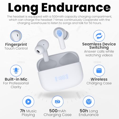 Image of Beleth Earset Pro1 Wireless Earbuds Bluetooth 5.4 Headphones, Dual Connectivity, 50H Playtime, ENC /ANC Noise Cancelling, Deep Bass, LED Display, Wireless Charging Case - White