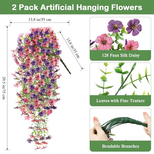 Image of Lewondr 2PCS Artificial Hanging Flowers UV Resistant Silk Daisy, Mixed Pink | 29.5 inch, No Watering Needed, Fade Proof, for Porch Patio Yard Baskets, Spring Decor, DIY Plants Home, Indoor Outdoor Use