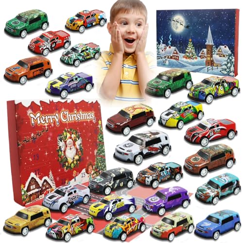 Calendario Adviento 2025 Autos,24 piezas Calendario Adviento Coches Niños extraíbles con 1 Tapete de Juego,para Niños Niñas 3 4 5 6 7 8 9 10 Años,Regalo Sorpresa de Navidad