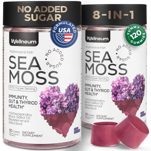 Multimineral Sea Moss Gummies 3000 Mg with Probiotic, Bladderwrack, Black Seed Oil, Ashwagandha, Burdock Root (2 Pack) - Irish Seamoss for Immunity, Thyroid and Gut Health - Vegan, Sugar Free