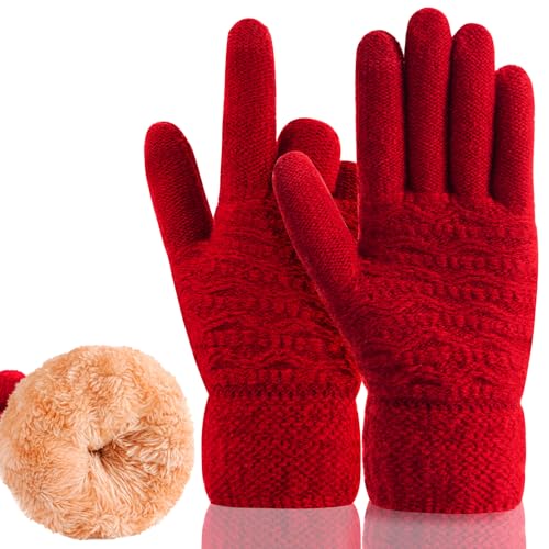 Women's Winter Warm Touch Screen Gloves Womens Thermal Red Cable Knit Wool Fleece Lined Touchscreen Texting Mittens for Cold Weather One Size