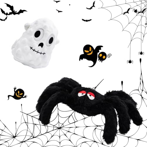 Brinquedos de Halloween para cães, aranha + fantasma, pacote com 2 brinquedos de pelúcia para cachorros - brinquedos engraçados para cães de tédio para raças pequenas e médias