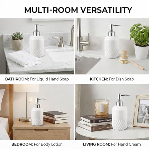 Image of Luxe Home International Diamond Cut Pattern Glass Soap Dispenser for Bathroom and Kitchen Sink Leak Proof Liquid Hand Wash Round Bottle Lightweight Smooth Finish (19.5x8 cm White) Pack of 1