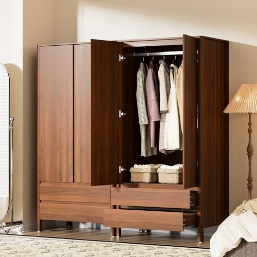 Image of Furniway Armoire Wardrobe Closet, 70.9 inch Tall Wardrobe Cabinet with 2 Doors, 2 Large Drawers and Hanging Rod, Wooden Clothing Storage Cabinet for Bedroom, Cloak Room, Walnut