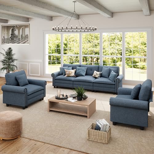 Image of SUNSHINE VALLEY Modular Sectional Sofa and Chair Set Living Room 3-Piece | Mid-Century Modern 5-Seater Cloud Couch Set, Cyan, Rolled Arms & Nailhead Trim, Wider & Deeper Seats, Linen Furniture Set