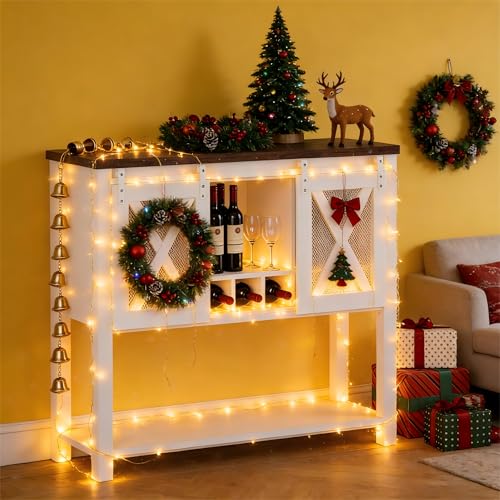 Image of Garvee Wine Bar Cabinet with Storage - Sliding Barn Door Kitchen Buffet, Wood Sideboard Console with Wine Rack & Glass Holder for Living & Dining Room as a Coffee Bar, White
