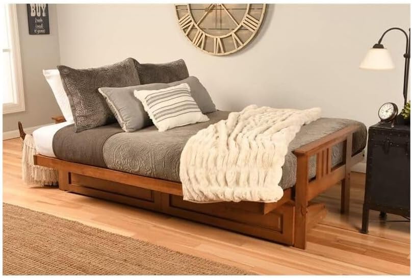 HomeStock Modern Muse Wood Futon Frame Set with Storage Drawers, Classic Style with Mission Style Arms with Solid Pattern with Foldable Feature for Lounge Room with Tight Back Parma Gray/Barbados