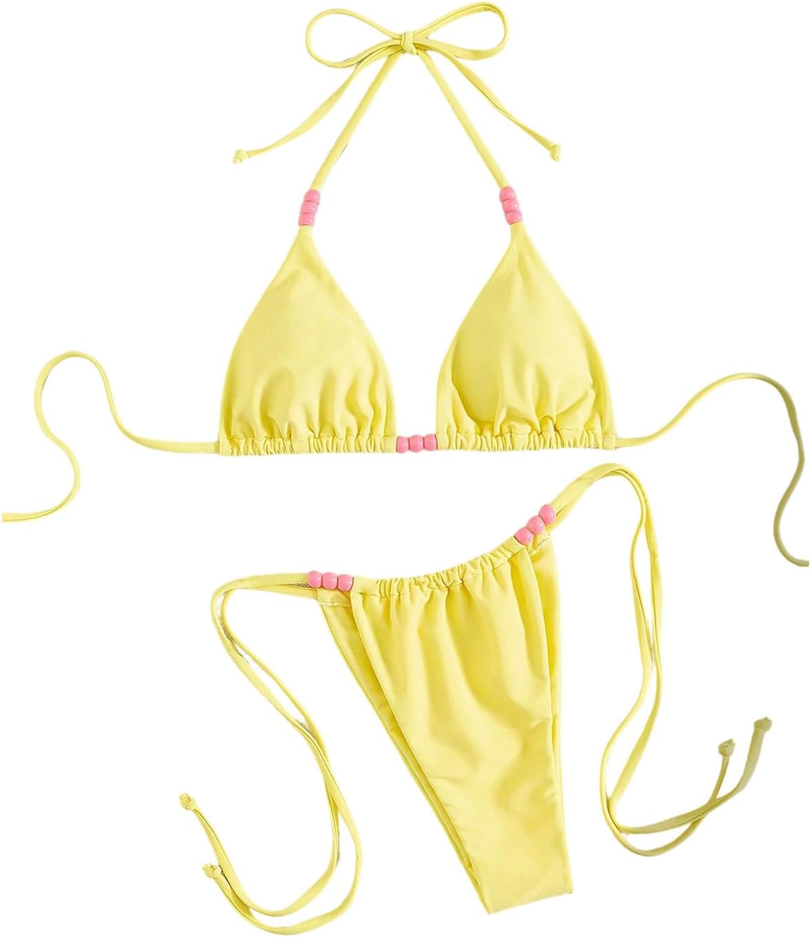 BEAUDRM Women's 2 Piece Bikini Set Beaded Thong Triangle Bikini Y2K String High Cut Bathing Suit Halter Cheeky Swimsuits