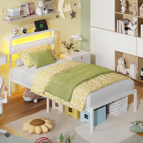 Image of OURPIC Twin Bed Frames for Kids, White Leather Twin Size Bed Frame with Charging Station & LED Lights, Metal Platform Bedframe with Upholstered Headboard and Storage Shelf, Easy Assembly