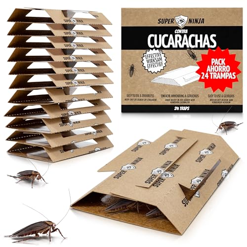 Super Ninja Trampas para Cucarachas – Pack de 24 Unidades, Trampa Adhesiva con atrayente Natural, Mata cucarachas sin tóxicos, Ideal para casa, Cocina, Garaje y despensa, duración hasta 3 Meses