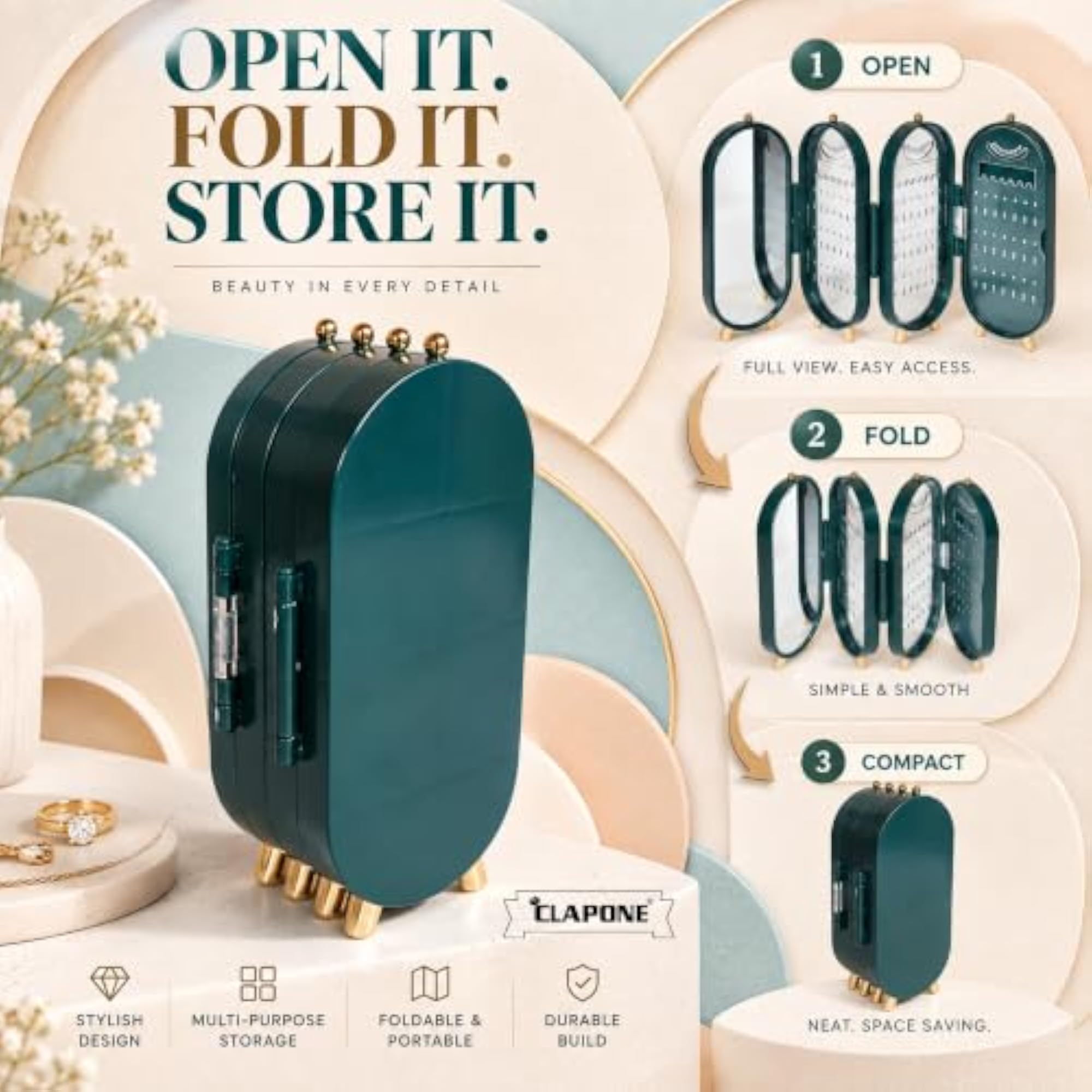 4 Panel Freestanding Jewellery Organizer with Mirror, Multipurpose Storage
