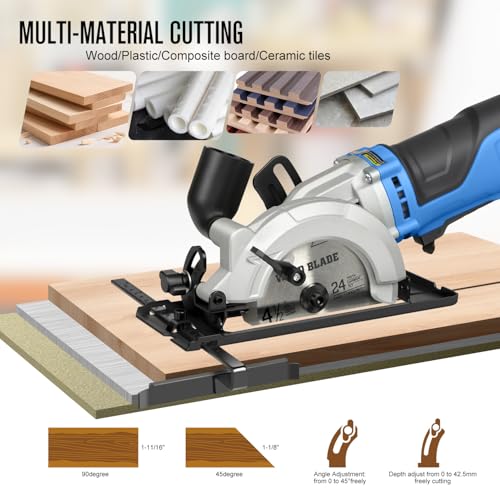 G LAXIA Mini Circular Saw, 6Amp 5200RPM Corded Circular Saw with Rip Guide, 24T TCT Wood Blade & 60T HSS Metal Blade – 1.67" Cutting Depth at 90°, 1" at 45° for Bevel Cuts, for Wood, Thin Metal, PVC by G LAXIA - Used condition - Image 4