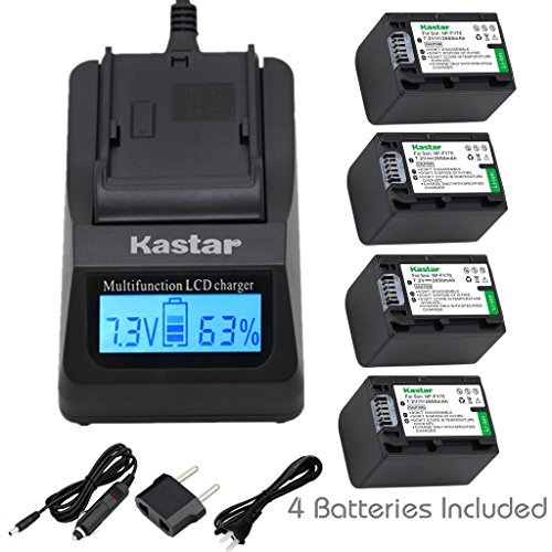 Kastar Ultra Fast Charger(3X faster) Kit and Battery (4-Pack) for Sony NP-FV70,CB-TRV,TRV-U and Sony DCR-SR15,SR21,SR68,SR88,SX21,SX45,SX63,SX65,SX85,FDR-AX100,HDR-CX105,CX130,CX155,CX160,CX190,CX200,CX260V,CX290,CX300,CX305,CX330,CX350V,CX360V,CX380,CX430V,CX550V,CX560V,CX580V,CX700V,CX760V,CX900,HC9,PJ10,PJ50,PJ200,PJ340,PJ380,PJ430V,PJ540,PJ580V,PJ650V,PJ710V,PJ760V,PJ790V,PJ810,TD10,TD20V,TD30V,XR155,XR160,XR260V,XR350V,XR550V,HXR-NX3D1U,NX30U,NX70U,NEX-VG10,VG30,VG30H,VG900,DEV-5,DEV-50