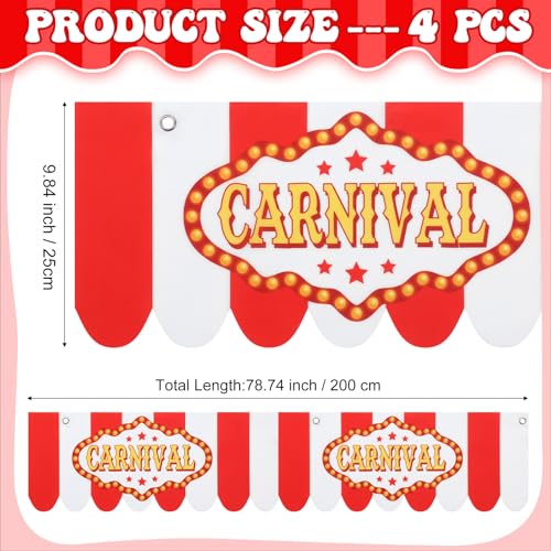 Image of 4 Pcs Carnival Awning Decorations Circus Tent Wall Decor Hanging Banners Red and White Stripe Canopy Stand Sign Circus Carnival Theme Party Supplies, 9.84 x 78.74
